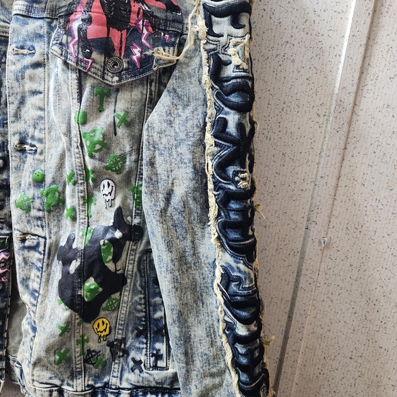 Smoke Rise Graffiti Denim Jacket L Sheffield Embroidered Paint Goth Grunge Clean - Picture 5 of 11
